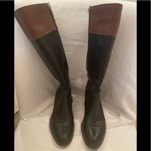 Marc Joseph black leather boots with brown woven leather top